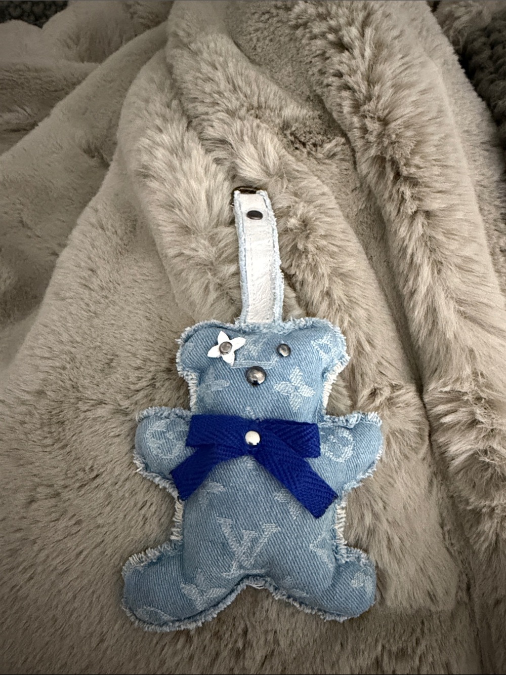 Upcycled LV Blue Denim/white leather Teddy Bear Bag Charm with LV ribbon Bow